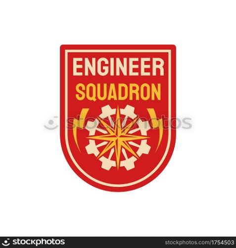 Repair battalion engineering squadron isolated patch on military uniform. Vector engineers division troops squad of navy marine fleet with windrose and steering wheel. Special forces elite chevron. Engineering squadron repair battalion army patch