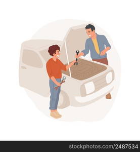 Repair car in a garage isolated cartoon vector illustration. Father working with tools, young teen helps dad in home garage, doing car repair together, looking in open hood auto vector cartoon.. Repair car in a garage isolated cartoon vector illustration.