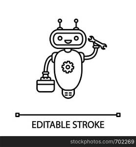 Repair chatbot linear icon. Thin line illustration. Robot with set of tools and screw key. Virtual assistant. Online customer support. Contour symbol. Vector isolated outline drawing. Editable stroke. Repair chatbot linear icon