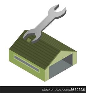Repair concept icon isometric vector. Stainless steel wrench and hangar building. Building renovation, equipment, tool, maintenance. Repair concept icon isometric vector. Stainless steel wrench and hangar building
