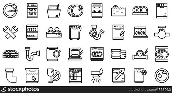 Repair dishwasher icons set. Outline set of repair dishwasher vector icons for web design isolated on white background. Repair dishwasher icons set, outline style