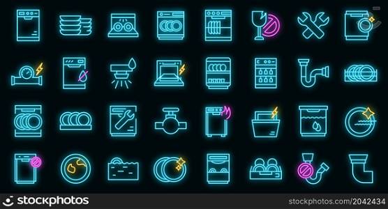 Repair dishwasher icons set. Outline set of repair dishwasher vector icons neon color on black. Repair dishwasher icons set vector neon
