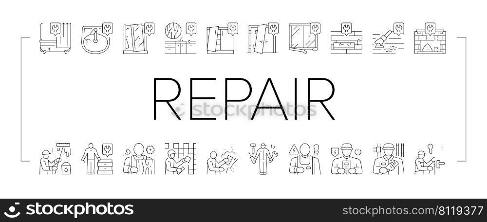 Repair Furniture And Building Icons Set Vector. Repair Door And Bath, Repairing Kitchen Worktop And Fireplace, Locksmith And Carpenter, Electrician Plasterer Worker Builder Black Contour Illustrations. Repair Furniture And Building Icons Set Vector