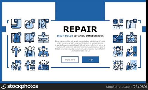 Repair Furniture And Building Landing Web Page Header Banner Template Vector. Repair Door And Bath, Repairing Kitchen Worktop And Fireplace, Locksmith And Carpenter, Electrician Illustration. Repair Furniture And Building Landing Header Vector