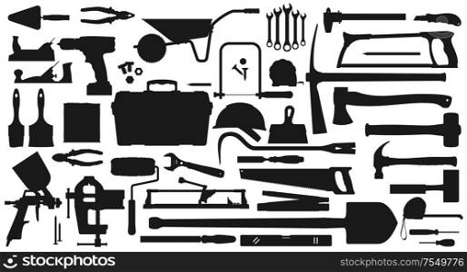 Repair, gardening, mining and farming tools isolated monochrome icons. Vector carpentry items, work tool kit. Spade and wheelbarrow, axe and drill, spatula and spanner, hammer and painting sprayer. Work tools icons. Gardening, repair, fixing items