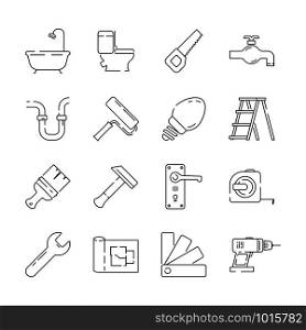 Repair icon. Support service building construction tools fast supplies vector linear items. Building renovation, drill equipment, hammer and ladder illustration. Repair icon. Support service building construction tools fast supplies vector linear items