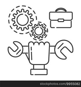 Repair icon vector. Hand is holding wrench. Gears and repairmen bag are shown in outline style. Fixing of problem and mechanism construction.. Repair icon vector. Hand is holding wrench. Gears and repairmen bag are shown in outline style. Fixing of problem and mechanism