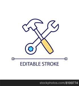 Repair instruments RGB color icon. Hammer and spanner. Manual tools. Troubleshoot and fix. Isolated vector illustration. Simple filled line drawing. Editable stroke. Arial font used. Repair instruments RGB color icon