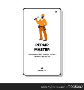 Repair Master In Uniform Holding Hammer Vector. Repair Master Man With Tool, Building Or Renovation Professional Occupation. Character Foreman Build Company Worker Web Flat Cartoon Illustration. Repair Master In Uniform Holding Hammer Vector