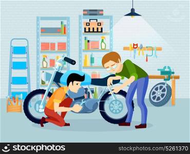 Repair Motorcycle Composition. Flat repair motorcycle composition with father biker and his son in garage vector illustration