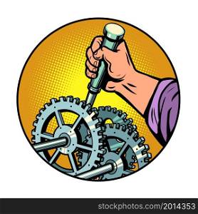 repair of the mechanism, gears. A tool for restoring parts. Comic cartoon hand drawing retro illustration. repair of the mechanism, gears. A tool for restoring parts