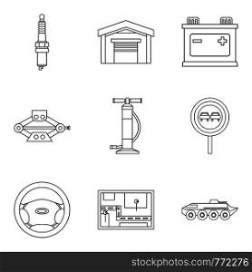 Repair on the go icons set. Outline set of 9 repair on the go vector icons for web isolated on white background. Repair on the go icons set, outline style