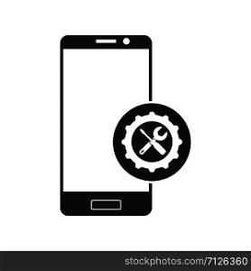 Repair or adjust the parameters of the smartphone. Simple icon. Silhouette of a smartphone with a gear, a wrench and a screwdriver.