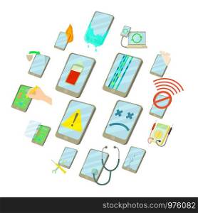 Repair phones fix icons set. Cartoon illustration of 16 repair phones fix vector icons for web. Repair phones fix icons set, cartoon style