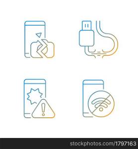 Repair related gradient linear vector icons set. Common phone breakages. Lost internet connection. Camera damage. Thin line contour symbols bundle. Isolated vector outline illustrations collection. Repair related gradient linear vector icons set