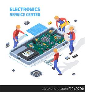 Repair service concept. People making repair at motherboard of smartphones or laptop workers fixed and electronic problems vector isometric. Repair smartphone, device fix and maintenance illustration. Repair service concept. People making repair at motherboard of smartphones or laptop workers fixed bugs and electronic problems vector isometric