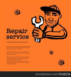 Repair service concept. Web banner with Male character with wrench. Doodle ink style vector illustration. Round icon with wrench and power button. Can be used for computer, cellphone or home appliances repair services logo concept.
