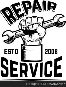 Repair service. Human hand with wrench. Design element for logo, label, emblem, sign. Vector image. Repair service. Human hand with wrench. Design element for logo, label, emblem, sign.