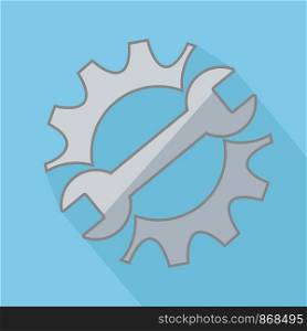 Repair service icon. Black cog and blue wrench icon concept. Repair logo on blue background with long shadow