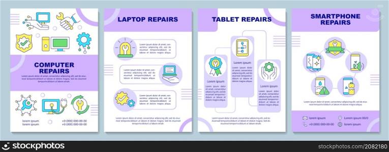 Repair services brochure template. Laptop and pc. Booklet print design with linear icons. Vector layouts for presentation, annual reports, ads. Arial-Black, Myriad Pro-Regular fonts used. Repair services brochure template