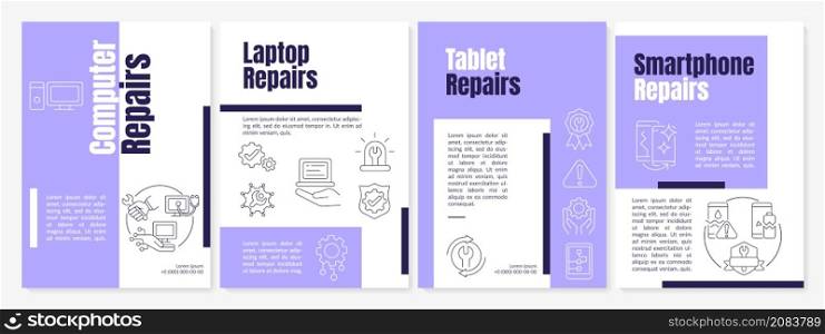 Repair services purple brochure template. Laptop and pc. Booklet print design with linear icons. Vector layouts for presentation, annual reports, ads. Anton-Regular, Lato-Regular fonts used. Repair services purple brochure template
