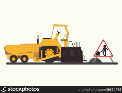 Repair the road surface. Asphalt paver makes the paving on street.Road under construction flat style design Vector illustration.