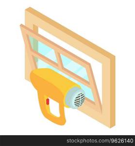 Repair tool icon isometric vector. Wired electric dryer and opened window icon. Heat gun, repair work. Repair tool icon isometric vector. Wired electric dryer and opened window icon