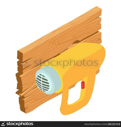 Repair tool icon isometric vector. Wired electric dryer and wooden board icon. Heat gun, construction and repair work. Repair tool icon isometric vector. Wired electric dryer and wooden board icon