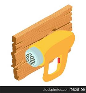 Repair tool icon isometric vector. Wired electric dryer and wooden board icon. Heat gun, construction and repair work. Repair tool icon isometric vector. Wired electric dryer and wooden board icon