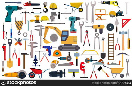 Repair tool icon service and setting work equipment sign isolated set. Construction workshop vector illustration. Fix mechanic symbol and engineering maintenance hardware. Industry instrument builder