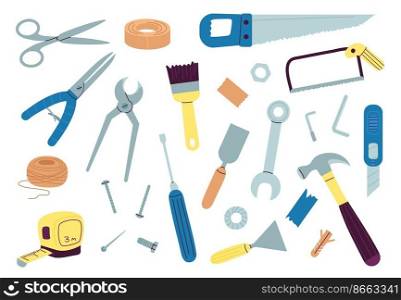 Repair tools. Construction tool for renovation home or build. Doodle wrenches, screwdriver hammer. Carpentry toolkit, repairman or carpenter vector signs. Renovation construction tools illustration. Repair tools. Construction tool for renovation home or build. Doodle wrenches, screwdriver and hammer. Carpentry toolkit, repairman or carpenter decent vector signs