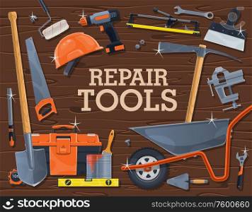 Repair tools of construction, carpentry and building industry. Vector DIY instruments and equipment, spanner, wrench, hard hat and toolbox, paint, brush, roller and spade, drill, trowel and spatula. Repair, construction, carpentry tools or equipment