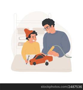 Repair toy isolated cartoon vector illustration. Father and son repairing a broken toy car at the table, fixing together, holding a screwdriver, child learning to use tools vector cartoon.. Repair toy isolated cartoon vector illustration.