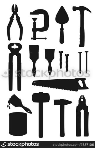 Repair work tool silhouettes, construction and building vector design. Hammers, saw and screwdriver, hardware toolbox, carpentry screws, brushes and paint, pliers, wire cutter and nails, trowel, clamp. Hammer, saw, paint, brush, pliers. Work tools