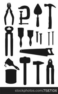 Repair work tool silhouettes, construction and building vector design. Hammers, saw and screwdriver, hardware toolbox, carpentry screws, brushes and paint, pliers, wire cutter and nails, trowel, clamp. Hammer, saw, paint, brush, pliers. Work tools