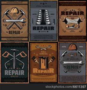 Repair work tools and carpentry service, retro design. Vector worker safety helmet, wrench or spanner and hammer, paint brush and woodwork saw with grinder. Tool workshop. Repair service and work tools