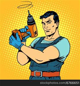 Repair work with a drill pop art retro style. Male professional homework. Repair work with a drill