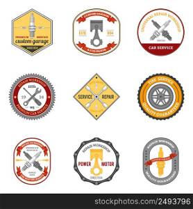 Repair workshop car and motorcycle mechanic emblems colored set isolated vector illustration. Repair Workshop Emblems Colored