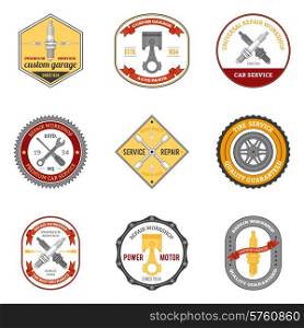 Repair workshop car and motorcycle mechanic emblems colored set isolated vector illustration