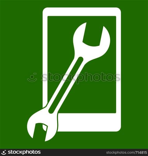 Repaired phone icon white isolated on green background. Vector illustration. Repaired phone icon green