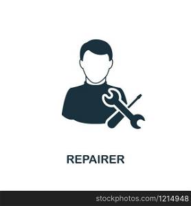 Repairer icon. Monochrome style design from professions collection. UI. Pixel perfect simple pictogram repairer icon. Web design, apps, software, print usage.. Repairer icon. Monochrome style design from professions icon collection. UI. Pixel perfect simple pictogram repairer icon. Web design, apps, software, print usage.