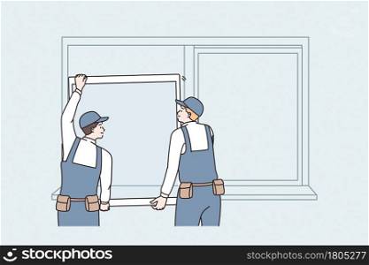 Repairing and reconstruction at home concept. Two men workers in uniform standing changing window for plastic one at home or office working vector illustration . Repairing and reconstruction at home concept