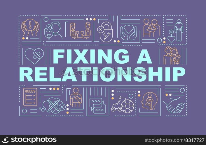 Repairing damaged relationship word concepts dark purple banner. Infographics with editable icons on color background. Isolated typography. Vector illustration with text. Arial-Black font used. Repairing damaged relationship word concepts dark purple banner