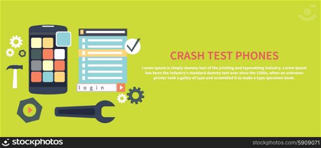 Repairing mobile phone concept. Crash test phones banner in flat design . Crash test phones