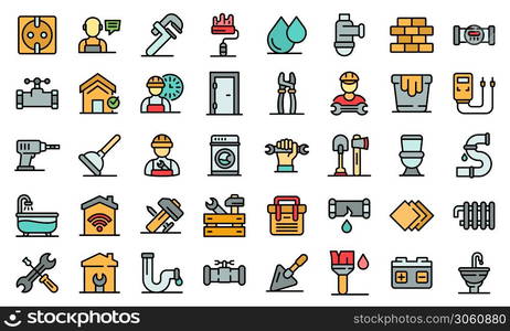 Repairman icons set. Outline set of repairman vector icons thin line color flat on white. Repairman icons set vector flat