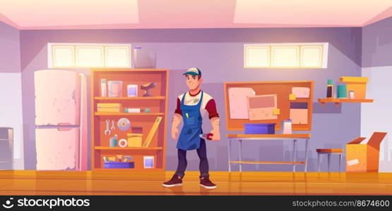 Repairman in garage with equipment for carpentry and repair works. Vector cartoon mechanic or builder in workshop or storeroom with construction tools, table and shelves with instruments. Repairman in garage with equipment for carpentry