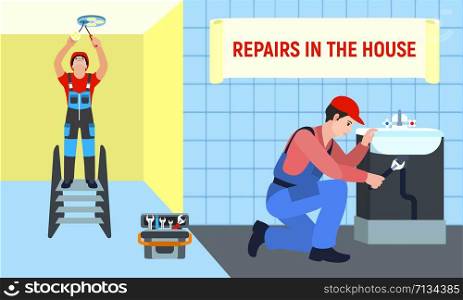 Repairman in house concept banner. Flat illustration of repairman in house vector concept banner for web design. Repairman in house concept banner, flat style