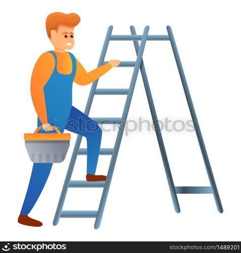 Repairman on ladder icon. Cartoon of repairman on ladder vector icon for web design isolated on white background. Repairman on ladder icon, cartoon style