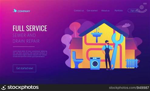 Repairman service. Handyman with wrench, mechanic. Plumber services, full service sewer and drain repair, cheap and reliable plumbers concept. Website homepage landing web page template.. Plumber services concept landing page