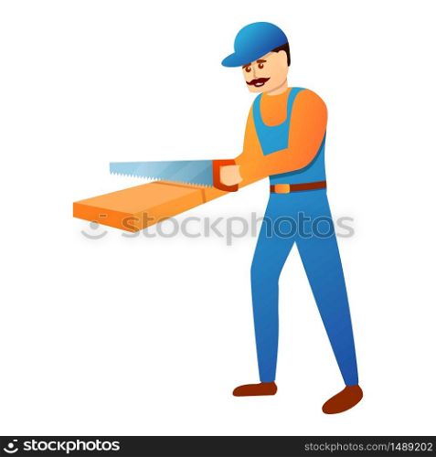 Repairman working with hand saw icon. Cartoon of repairman working with hand saw vector icon for web design isolated on white background. Repairman working with hand saw icon, cartoon style